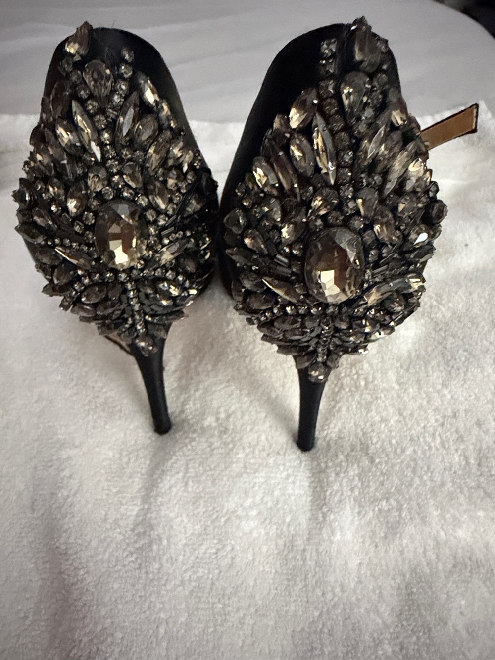 Badgley Mischka Black Satin Peep-Toe Ankle-Strap Heels with Embellishment
